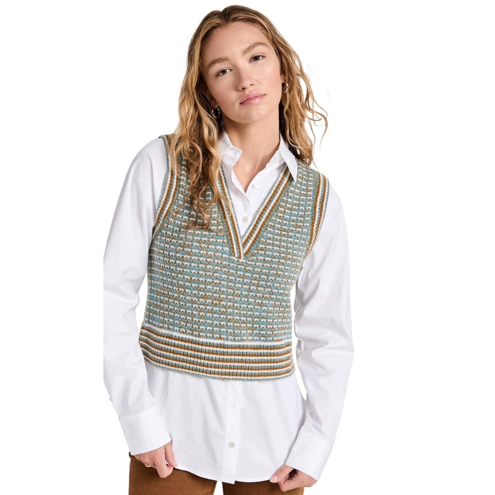 Veronica Beard Shirt Women Small Green Blue Knit Serwa Mixed Media Top‎ Preppy